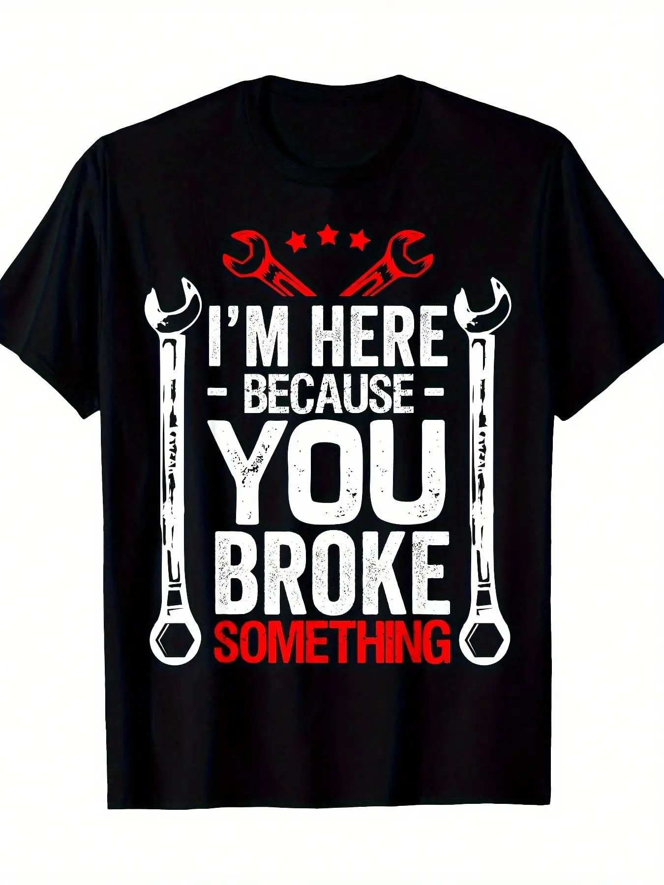 

Мужская футболка с юмористическим принтом для механиков - надпись «Я здесь, потому что ты что-то сломал», черная с красно-белым дизайном в виде гаечного ключа.