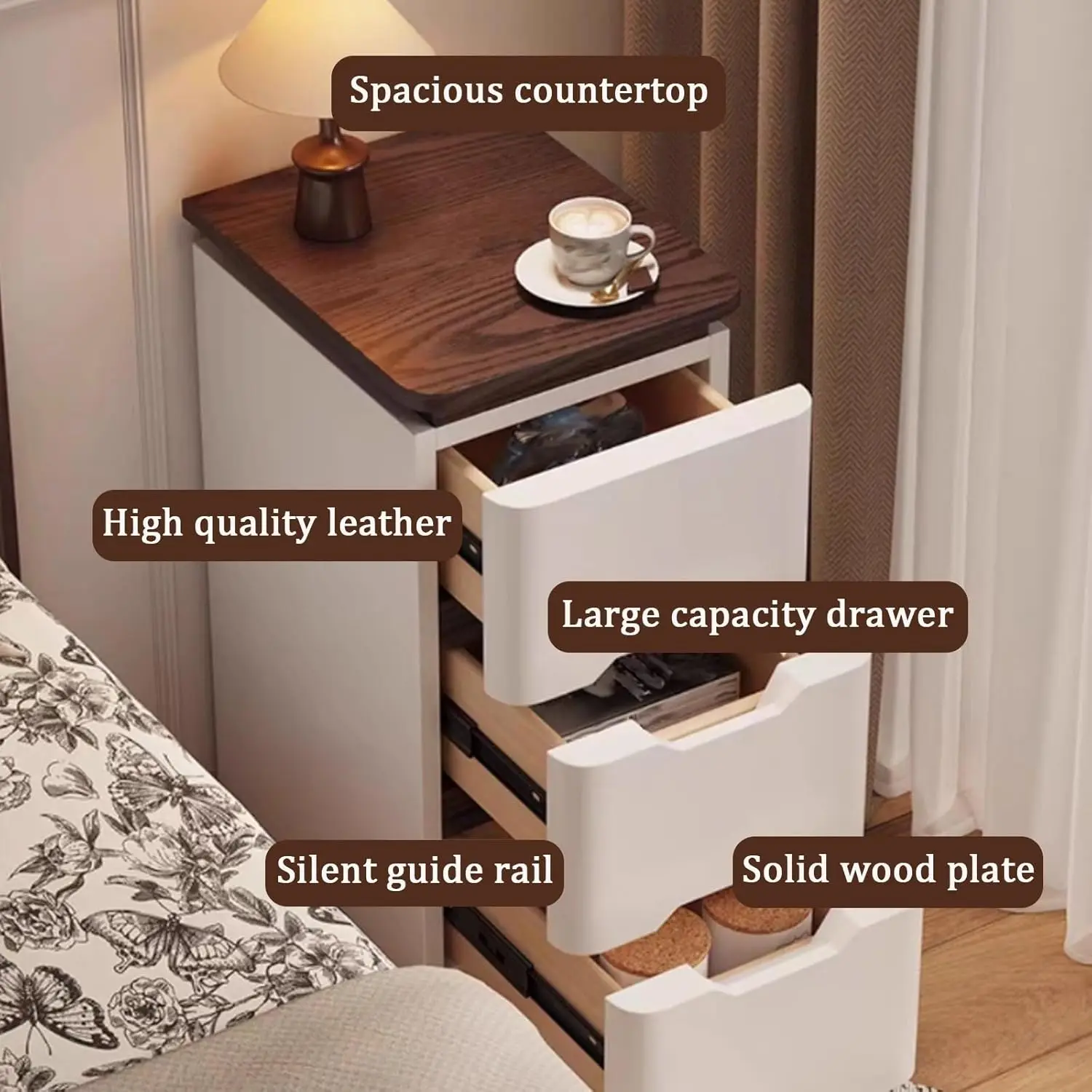 Bed Side Tables Bedroom, Night Stand with Drawers & Hidden Handle, Full Floor Cabinet Legs for Study, Living Room - view 3