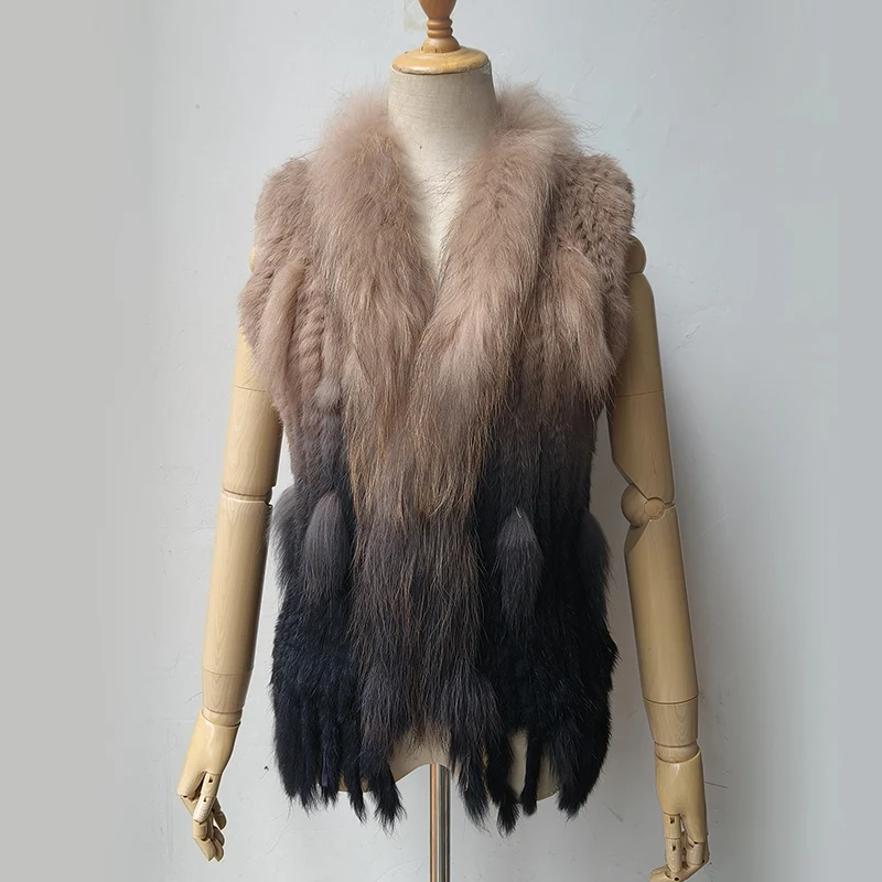 Women Winter Degrade Color knitted Real Rabbit Fur Vest Female Sleeveless Fashion V-neck Genuine Fur Gilet