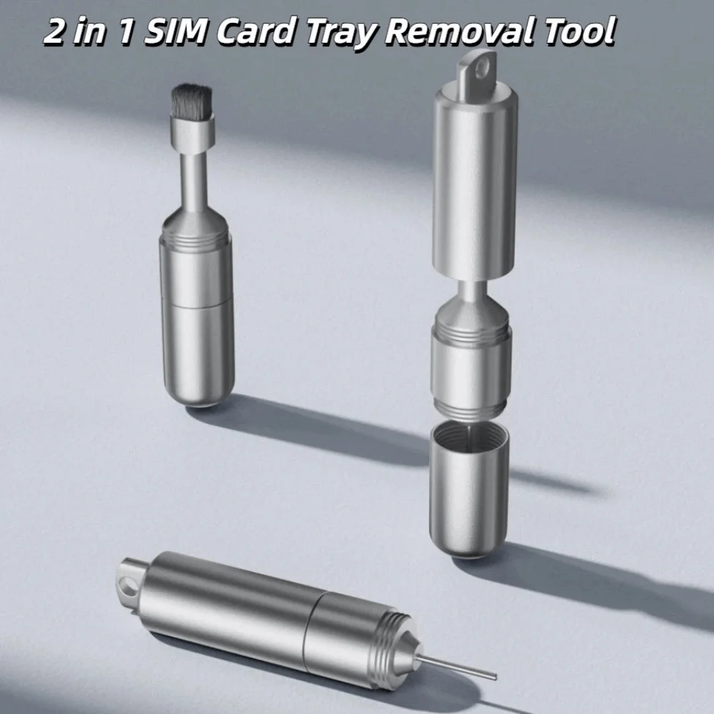 2 in 1 Keychain SIM Card Tray Ejector Pin Cleaning Brush Anti-Lost Ejecting Removal Needle Universal Compact