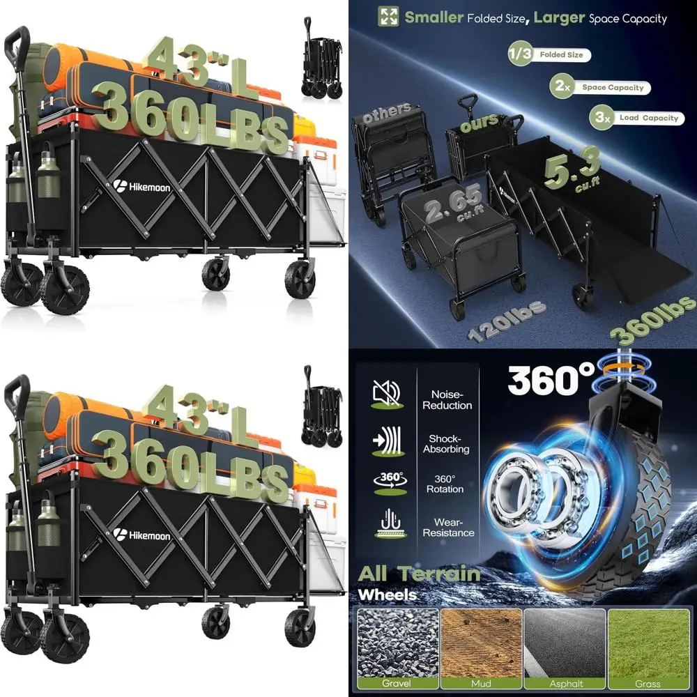 43 عربة أدوات قابلة للطي شديدة التحمل، سعة 360 رطل، عربة قابلة للطي للاستخدام الخارجي للتسوق والبستنة والتخييم - أسود #1