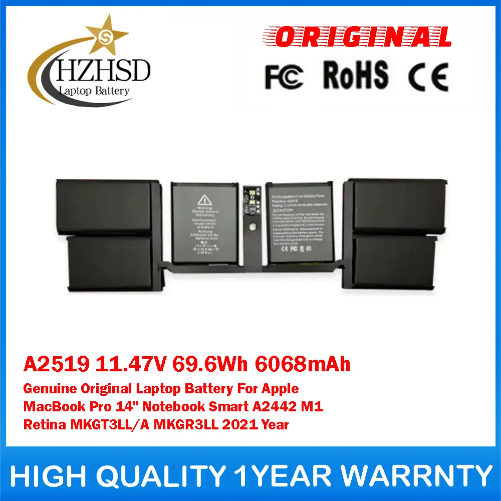 

A2519 11.47V 69.6Wh 6068mAh Genuine Original Laptop Battery For Apple MacBook Pro 14" Smart A2442 M1 Retina MKGT3LL/A MKGR3LL