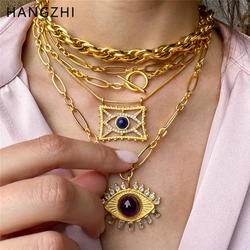 HangZhi Vintage Natural Stone Eye Pendant Necklace Zircon Stainless Steel Personality Charms Lucky Eyes Jewelry for Women New