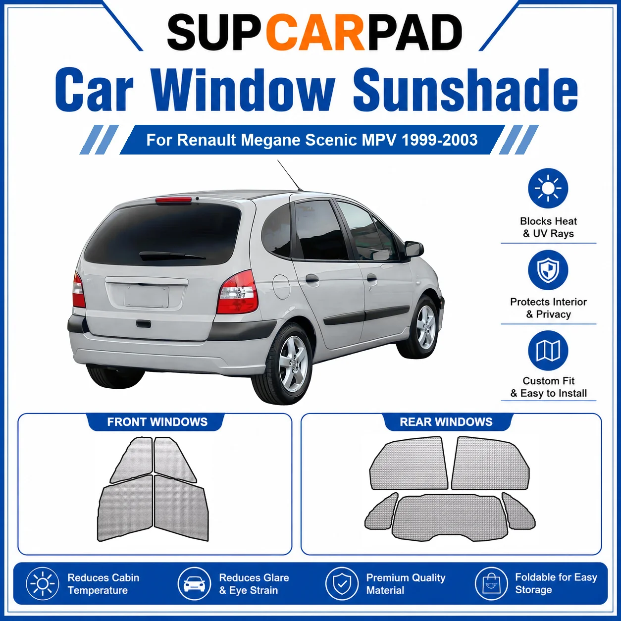 For Renault - Renault Megane Scenic MPV 1999-2003 Full Set Car Window Sunshades UV Block Privacy Heat Insulated Foldable Car Cur