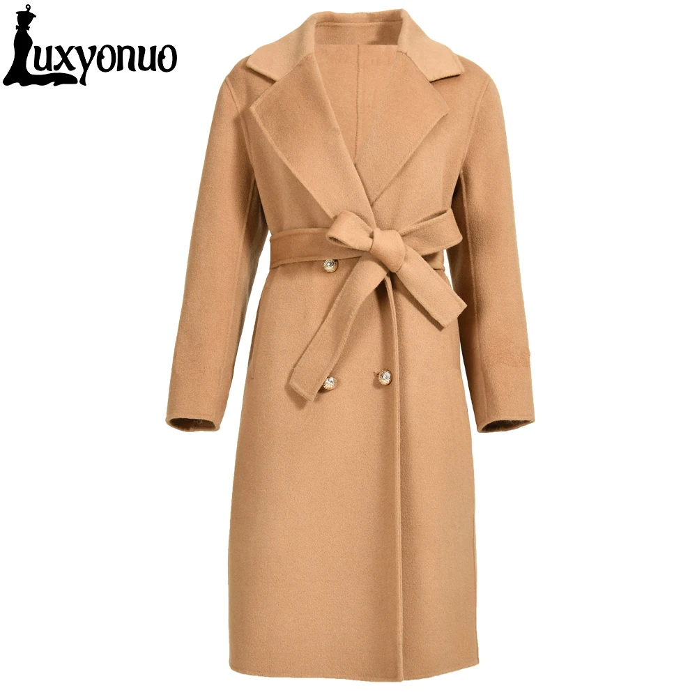 

Luxyonuo Fall Winter 2022 New Double-sided Cashmere Coat Double-breasted Long Trench Women Wool Coat with Belt Slim Outwear