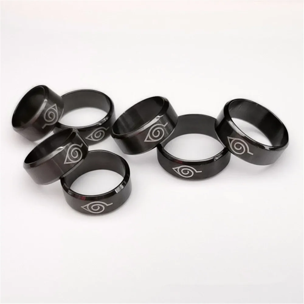 Anime Akatsuki Ring Leaf Konoha Village Symbal Logo Rings Sign Sasuke Ninja Black Fashion Steel Jewelry Akatsuki Figure Gifts