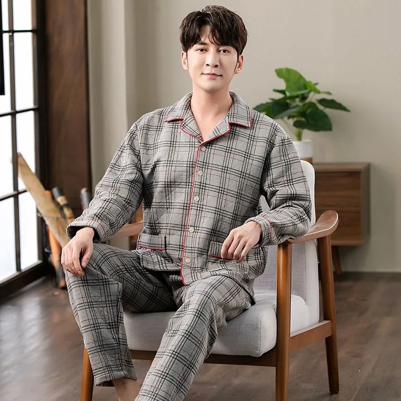 2024 New Men Pajamas Autumn Winter Knitted Cotton Sleepwear Plus Thick Quilted Loungewear Suit Air Cotton Spring V-neck Homewear