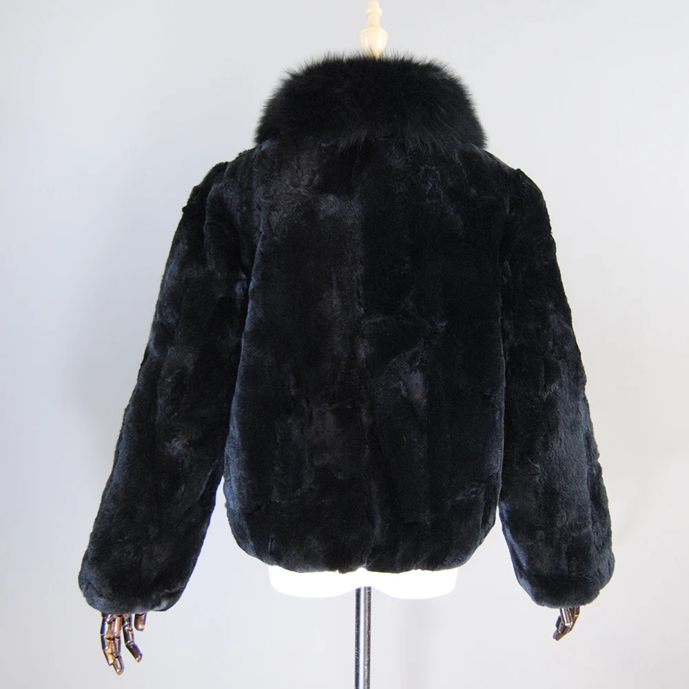 Hot Sale Mulheres Inverno Grosso Quente Qualidade Macia Real Rex Rabbit Fur Coat Rex Rabbit Fur Jacket Com Real Fox Fur Collar Overcoat
