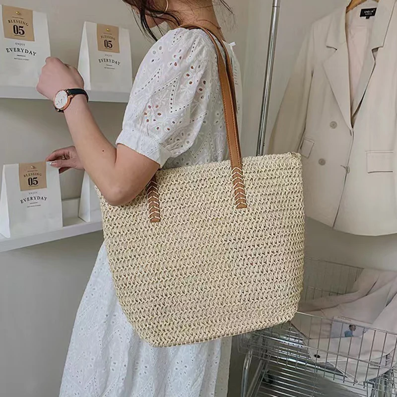 Summer Large Capacity Tote Bag Women Shoulder Bag Handmade Woven Bag INS Fresh Rural Handheld Grass Woven Women Bag