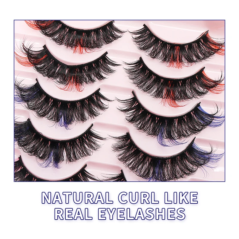 DINGSEN 10 Paar MIX Farbige DD-Curl-Wimpern für Make-up, Kunstnerz-Wimpern, Vollstreifen-Wimpern, Rot, Blau, Grün – Detail 4