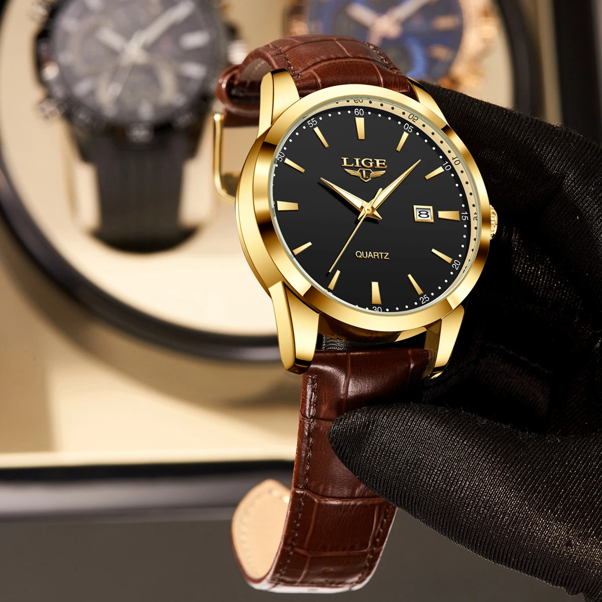 LIGE, nuevo Reloj de lujo para hombre, Reloj de pulsera militar de cuero para hombre, Reloj de cuarzo, Reloj luminoso resistente al agua con fecha y semana, relojes para hombre, Reloj + caja