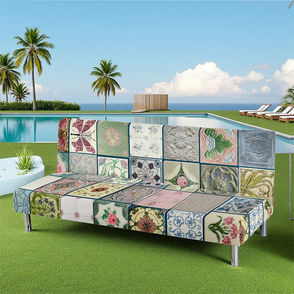 Vintage Tile Pattern Summer Outdoor Futon Cover, Milk Silk Fabric, Elastic & Fitted, Pet - Friendly, Washa