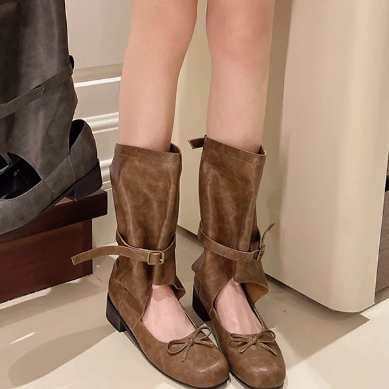 Botas planas retrô de cor sólida para mulheres, cabeça redonda, botas de vaqueiro ocidentais, desfile de moda casual, novo, outono, 2022