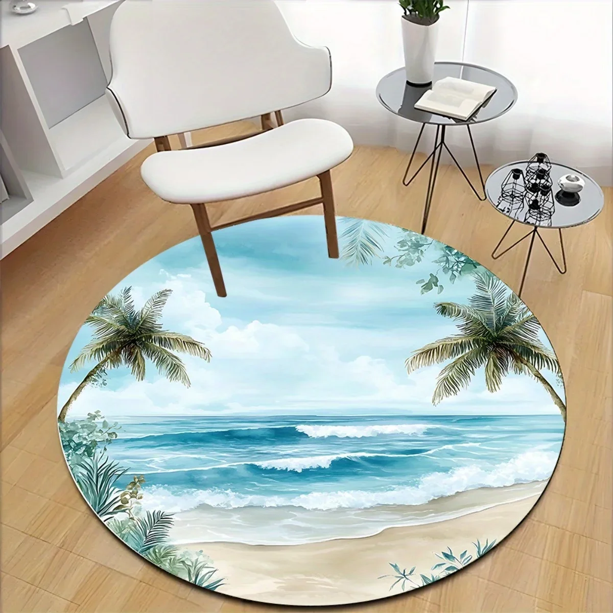 

Tropical Beach Scene Round Floor Mat – Machine Washable Indoor Rug for Bedroom, Bathroom & Office