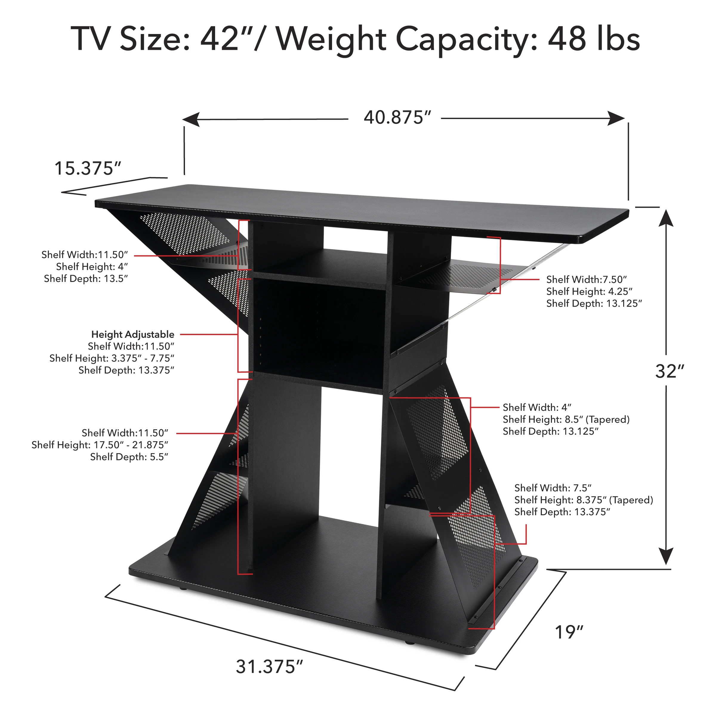 Gaming TV Stand, detém seus consoles e jogos, construído em gerenciamento de cabos, 12 compartimentos de armazenamento