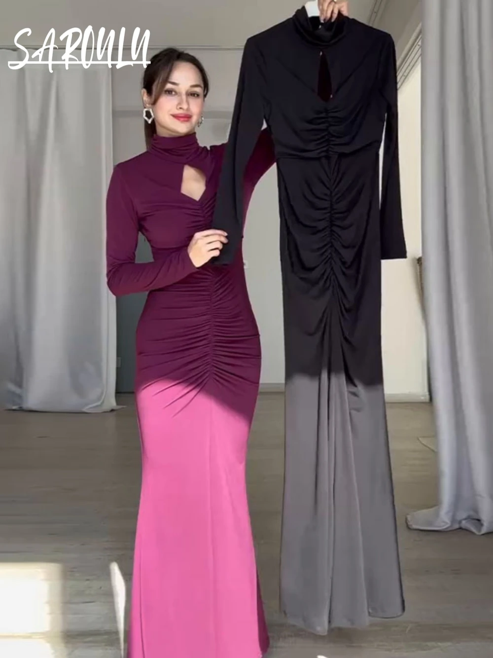 

High-end Bodycon Dinner Party Evening Gown Fast Shipping Sexy Cut Out Pleated Cocktail Wear Simple Long Sleeves Ruffled Dresses
