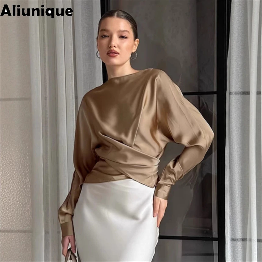 New Women Solid Color Satin Sheen Long Sleeve Blouse O Neck Draped Waist Design Minimalist Style Spring Summer Office Ladies Top
