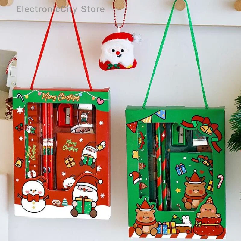 6Pcs Cartoon Christmas Pencil Sharpener Erasers Pencils Rulers Kawaii Children Stationery Set School Stationery Supplies