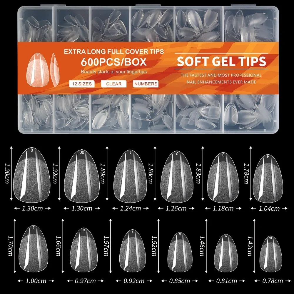 New 600Pcs False Nail Almond-Shaped Short Length Almond Nail Tips Full Cover Transparent Gel Nail Tips Home Use