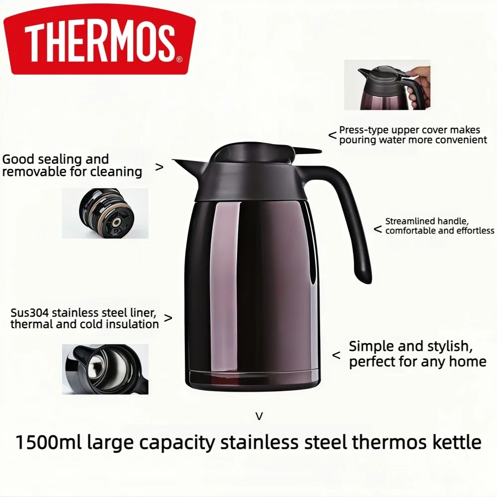 THERMOS THV-1500 1.5L Vacuum Insulated Thermal Jug 24H Heat Cold Retention Stainless Steel Large Capacity Home Hot Water Bottle