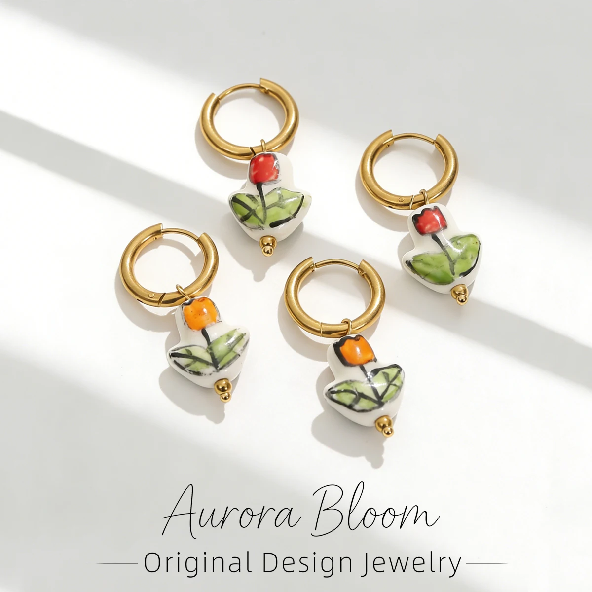 

AURORA Fashion Ceramics Handpainted Tulip Charm Hoop Earrings For Women's Vintage Stainless Steel Earrings Women's Jewelry