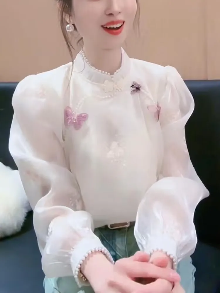 

Beading Butterfly Embroidered Shirt Women Spring Autumn Puff Sleeve Stand Collar Chiffon Blouses Femme All-match Blouse Top 2025