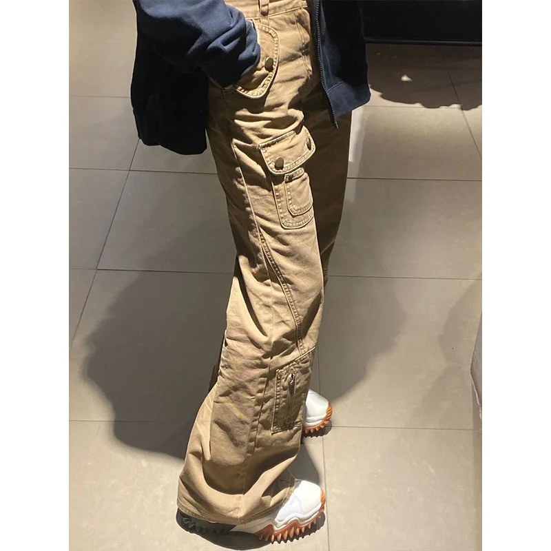 

Multi-Pocket Flared American High Street Straight Work Pants, Loose Sports Pants Women Slimming Casual Jeans For