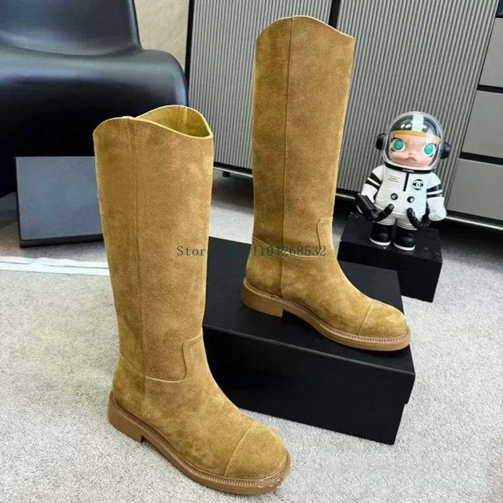 

Suede Sewing Knee High Riding Boots Sexy Round Toe Square Heel Solid Slip On New Arrvials Fashion Women Motorcycle Boots