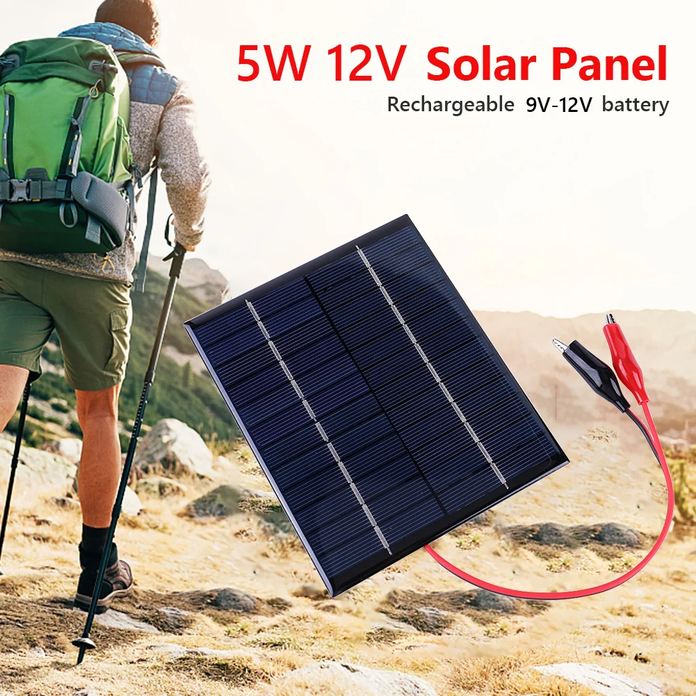 

5W 12V Solar Panel Charger with Clip Cable DIY Polysilicon Solar Epoxy Cell Charger for Lamp Fan Pump for 9-12V Battery Charging