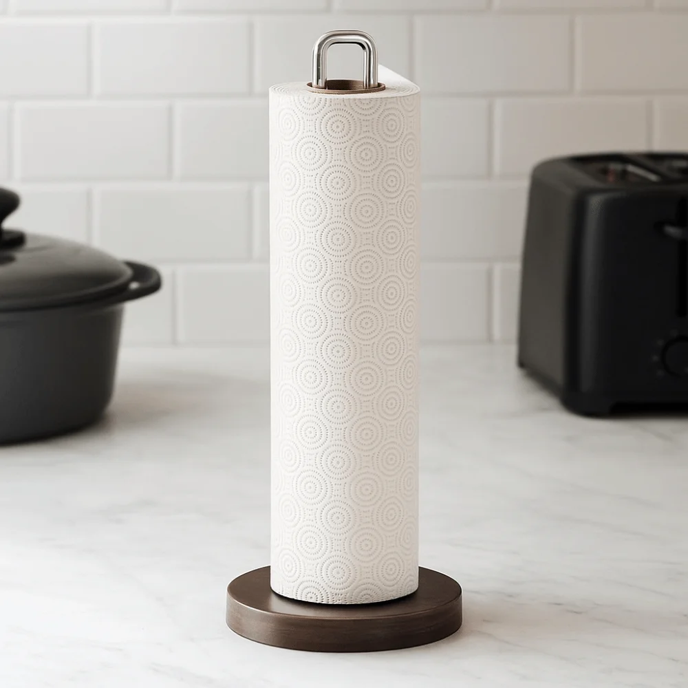 

Stainless Steel Paper Towel Stand One-Handed Tear Non-Slip Wood Paper Towel Holder Wooden Base Durable Toilet Tissue Holder