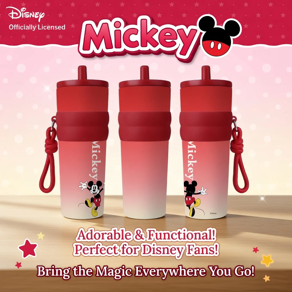 1 Stück 25oz Disney Mickey Mouse Edelstahl-Thermobecher mit Strohhalm und Trageschlaufe, roter Kaffeebecher für Fans