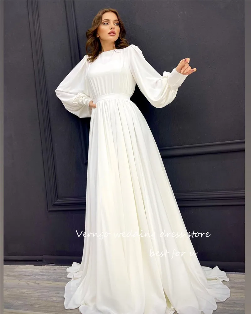 Vernge gaun pernikahan sutra sederhana sifon A Line lengan panjang Puff leher Bateau gaun pengantin Arab Dubai gaun Formal