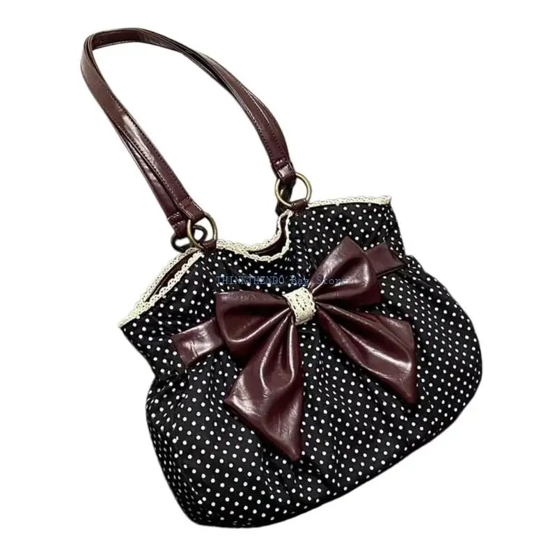 340D Practical Spacious Retro Dot Shoulder Bag with Elegant Bows and Lace Detail for Women Commuting