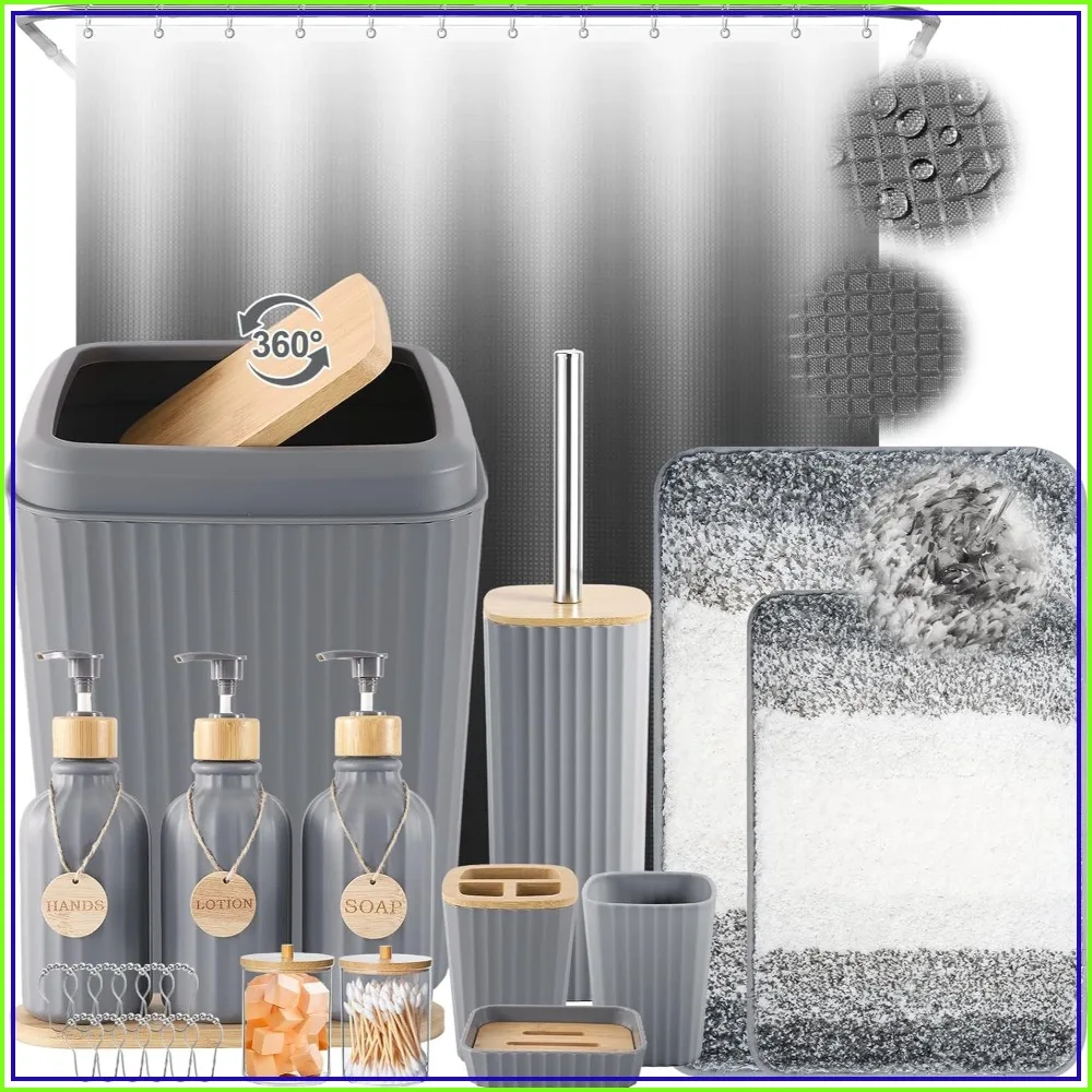 

32PCS Bathroom Accessories Set with Shower Curtain, Rugs, Trash Can, Soap Dispenser, Toothbrush Holder, Soap Dish, Tumbler Cup, Wood Tags, Tray
