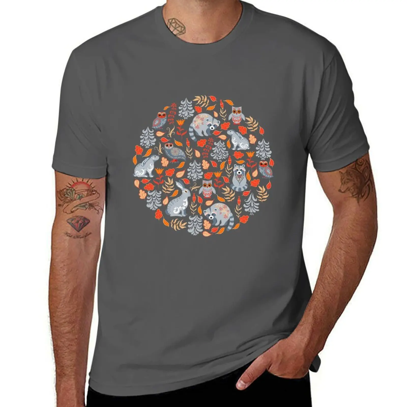 trees, herbs. hares, with and forest flowers raccoons Fairy and silver fir T-Shirt Casual Trendy Short Sleeve T-Shirt