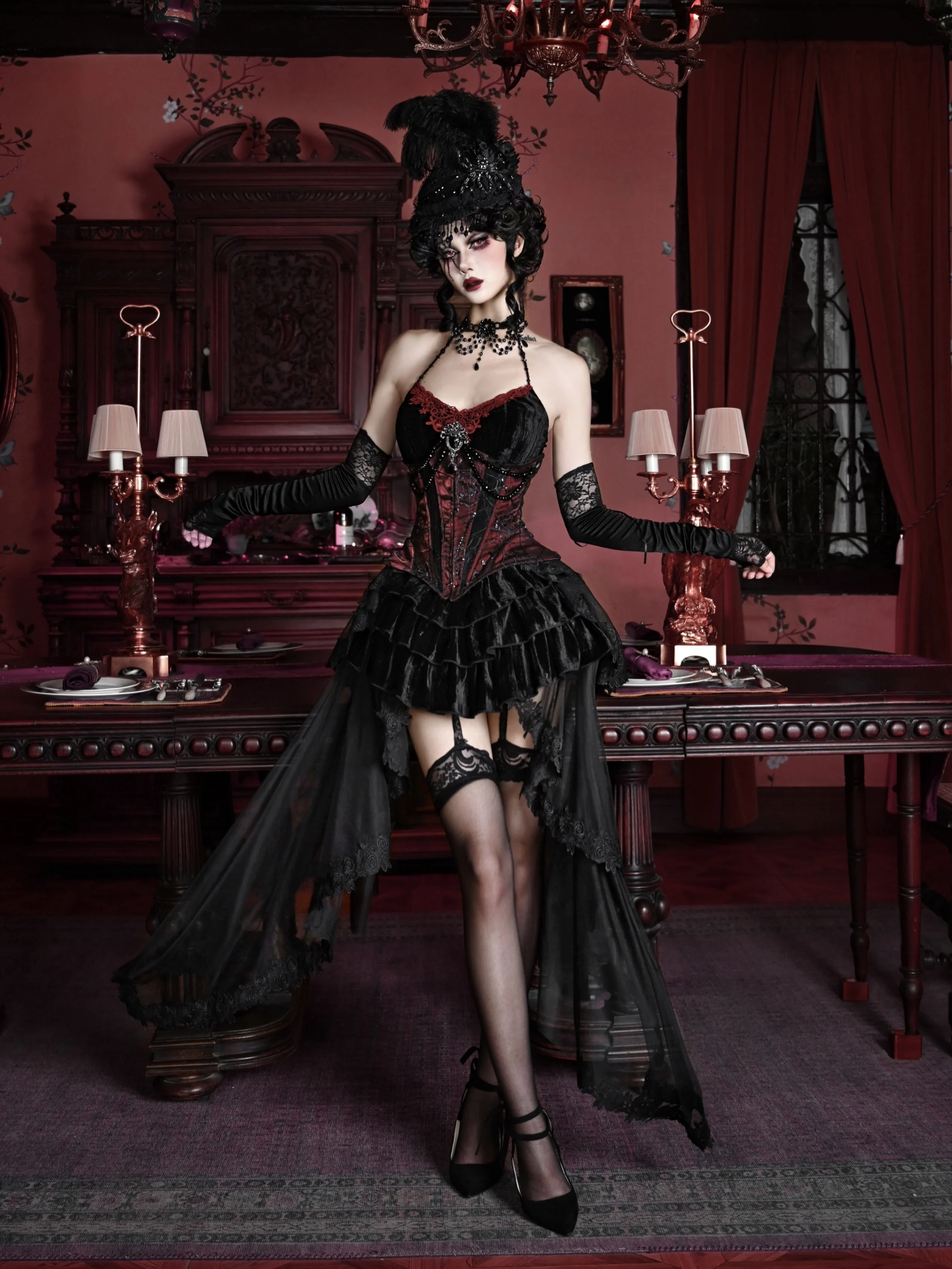 Original Duquesa Gothic Velvet Dress Set, Fishbone Cintura, Vestido de Halloween, Grunge Bead Neck, Preto, Saia Deslizamento Vermelho, Suprimento de