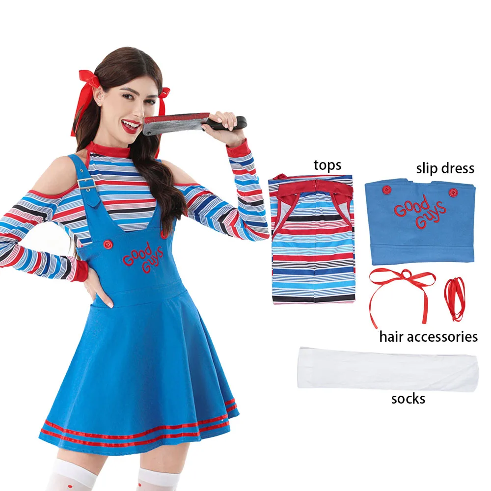 Chucky Doll Cosplay Kostüme Damen Outfit Erwachsene Mädchen Kostüme Horror Geisterpuppe Clown Halloween Karneval Kostüm