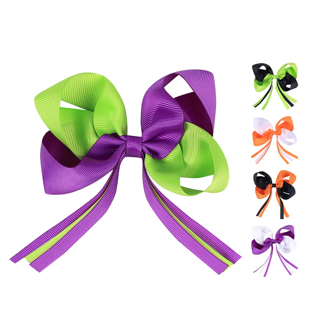 

5pcs Bow Clips Adorable Ribbon Decorated Kids Hair Accessories Purple Green Bowknot Barrettes Girls Halloween Styling