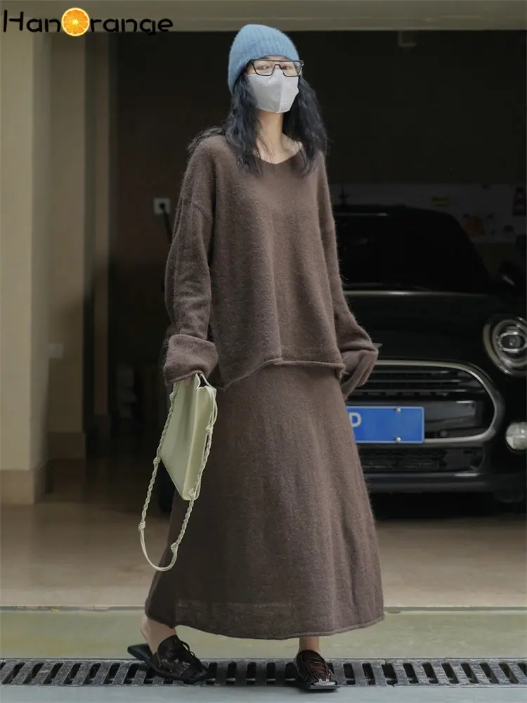 HanOrange 2024 Spring Lazy V-neck Mohair Sweater Women Loose Comfortable Hollow Knit Top Female Pink/coffee