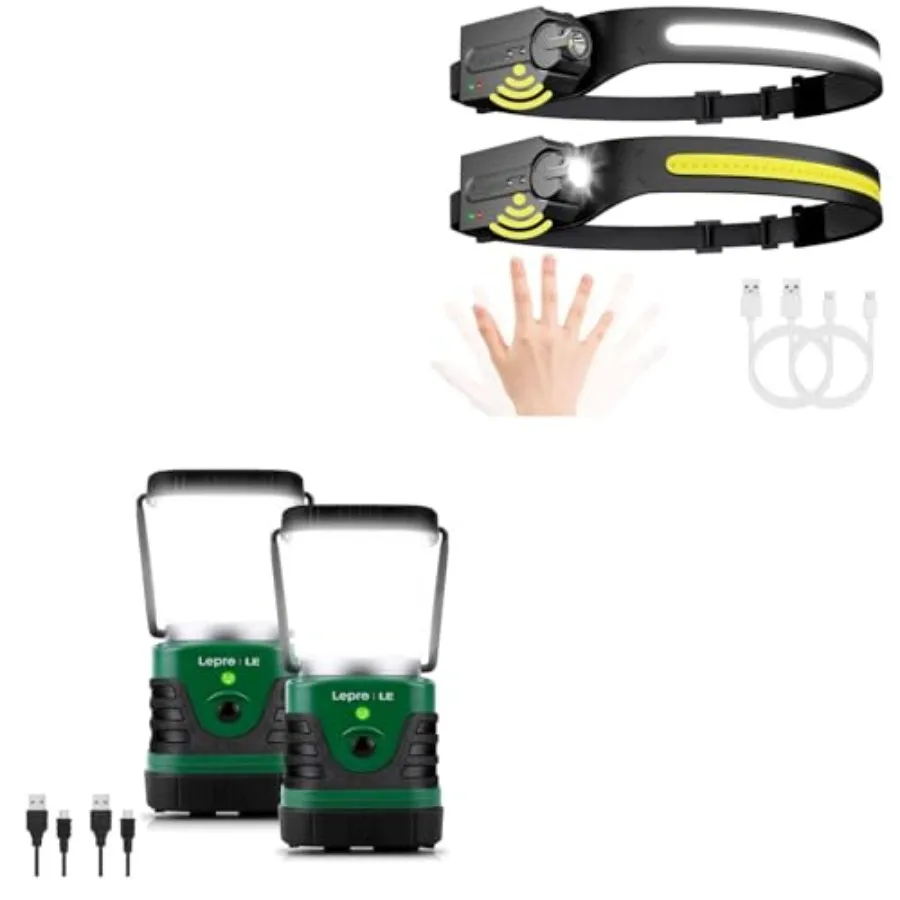 

Camping lantern and headlamp bundle: aluminum, black, 1000LM brightness with motion sensor, 230 wide beam, rechargeable 4400mAh