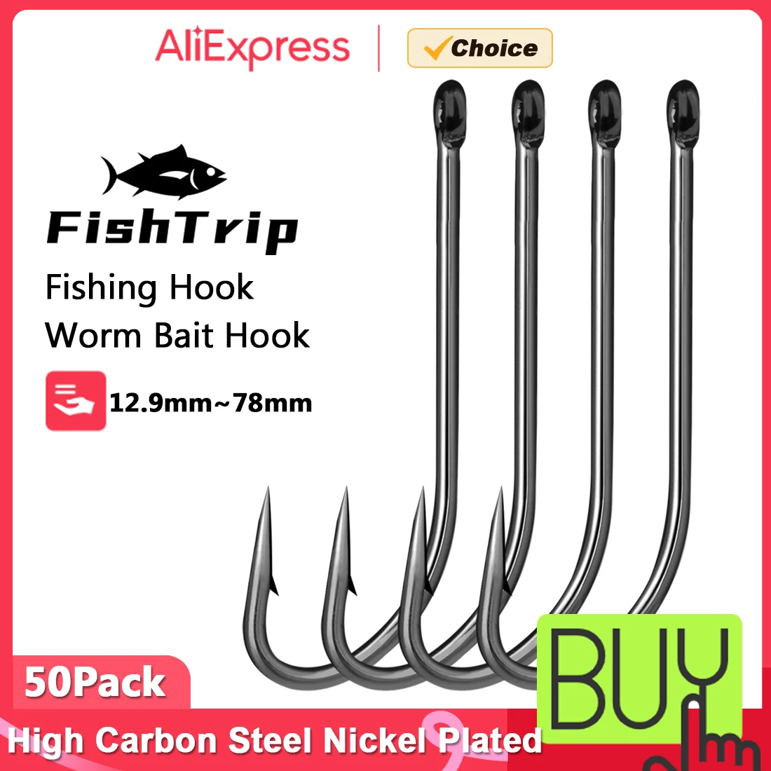 FishTrip 50 Stück Angelhaken mit langem Schaft, Wurmköder, Widerhaken, Edelstahl, O'Shaughnessy-Haken für Salzwasser und Süßwasser, 50 Stück