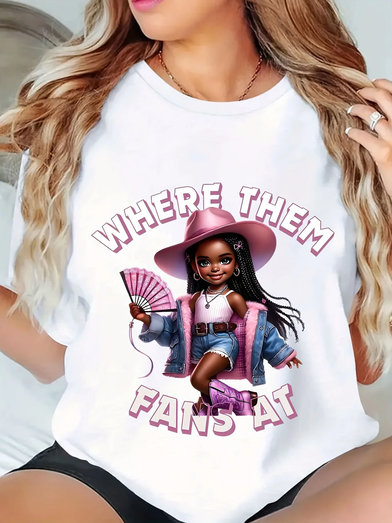 

Plus Size Women'S Western Women Graphic T-Shirt-"Where Them Fans At Boots On The Ground" Design with VibrantGeometric Patterns