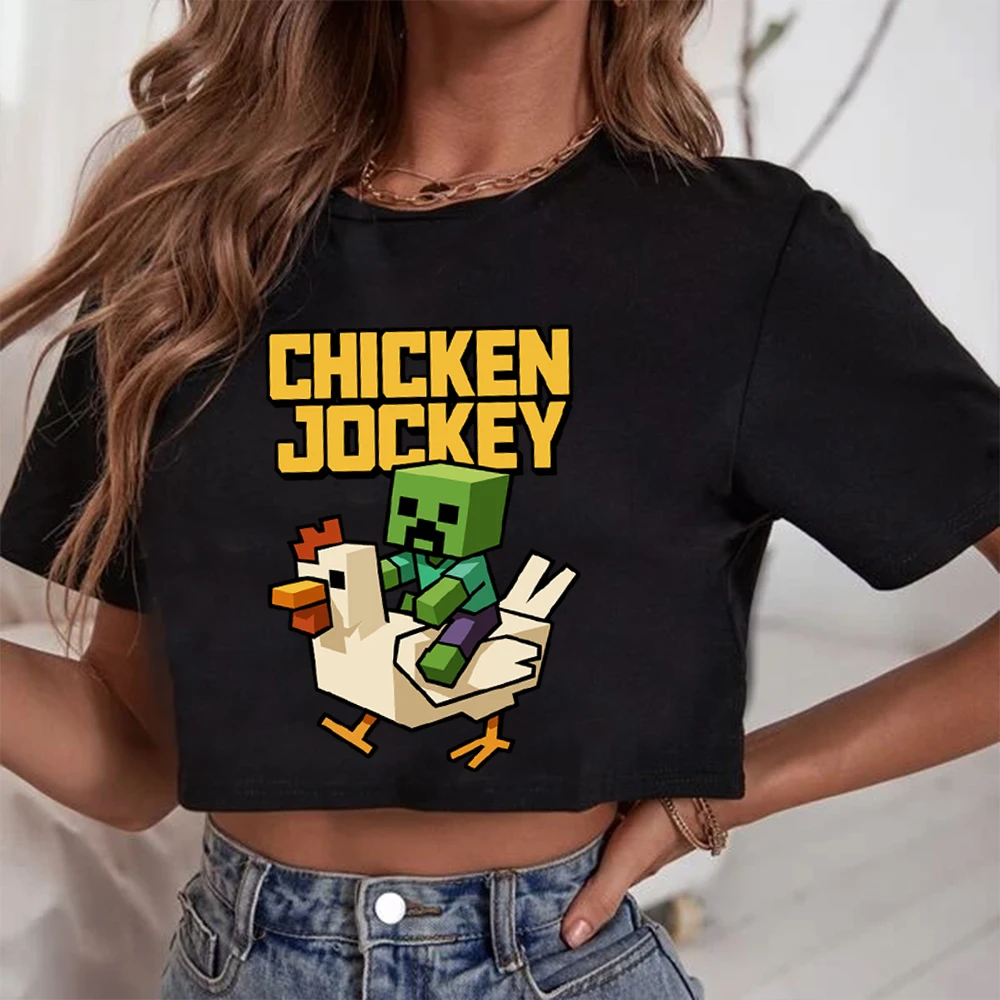 

2025 Chicken Jockey Video Game Shirt Women O-Neck Short Sleeves Crop Tops T-shirt Fans Gift