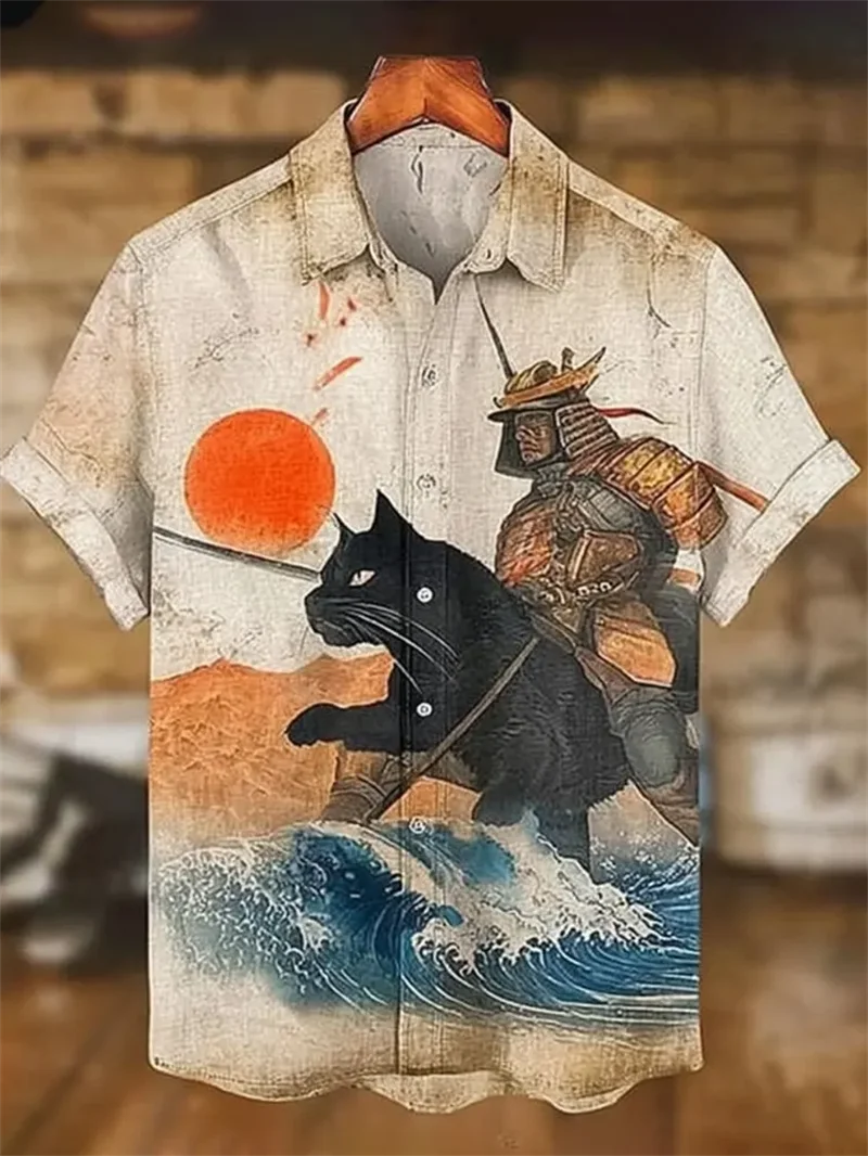 

New men's short sleeved shirt with linen animal pattern, fashionable 3D sunset printed high-quality shirt