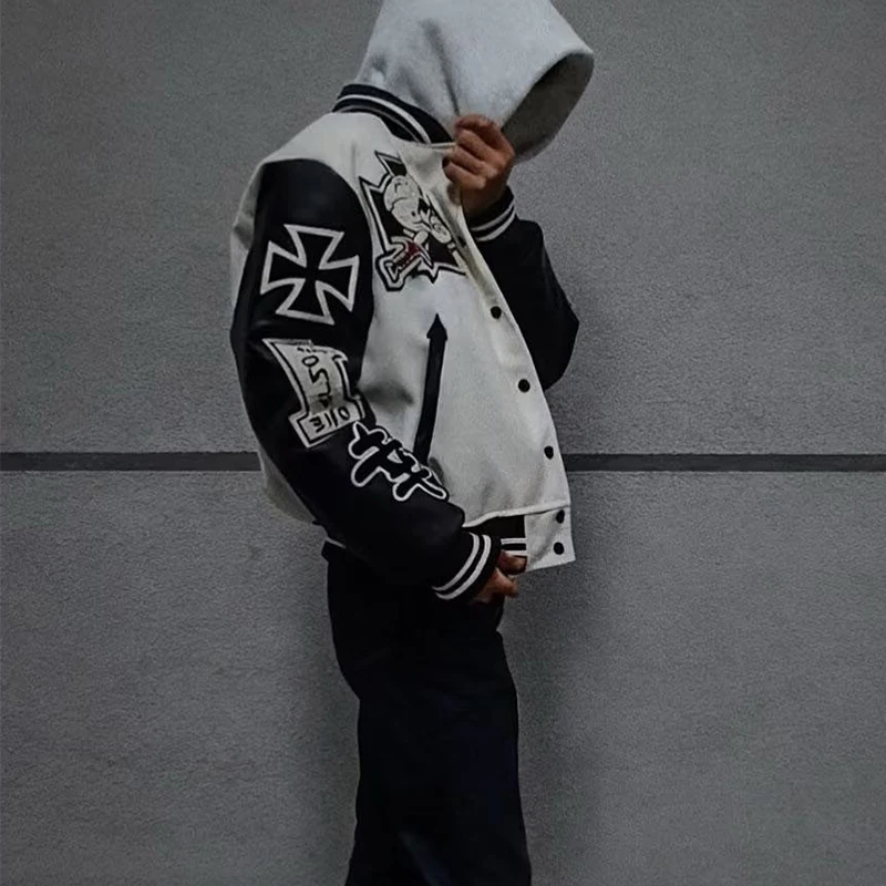 Vintage PU Leather Patchwork Outerwear Mens Spring Casual Button-up Jacket Coats Men Y2K Skulls Embroidery Stitch Design Jackets view 4