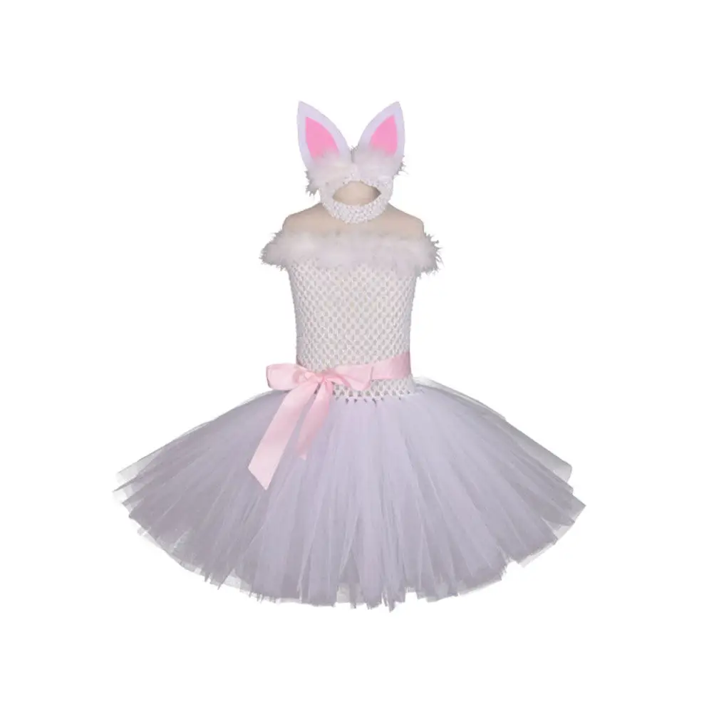 2Pcs Rabbit Costume Set White Size 110 Lovely Easter Party Headdress Dress Kid Festival Outfit Girl Cosplay Birthday Gift - view 2
