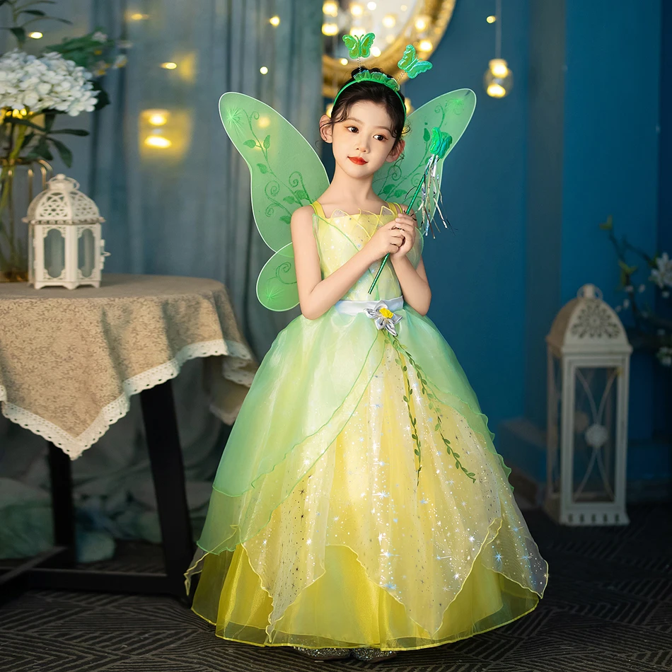 ชุดเจ้าหญิง Tiana สำหรับเด็กผู้หญิง, ชุดเจ้าหญิงและกบชุดเทศกาลฮาโลวีนผ้าเอลฟ์สีเขียวป่าสำหรับงานปาร์ตี้