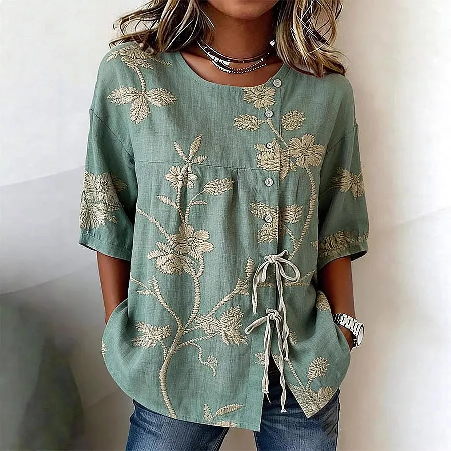 Women Casual Printed Tie Front Blouse Tops Shirts Spring Summer