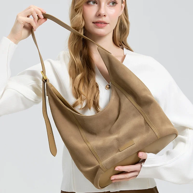 

Autumn and Winter Women's Natural suede leather Tote Bag Female Retro Large Capacity Genuine Leather Shoulder Underarm Bag