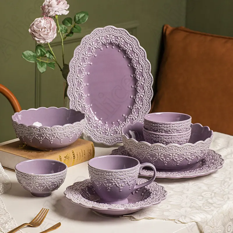 Creative Princess Full Dress Ceramic Bowl Household Dinner Plates Dessert Plate Soup Bowls French Lace Relief Texture Tableware